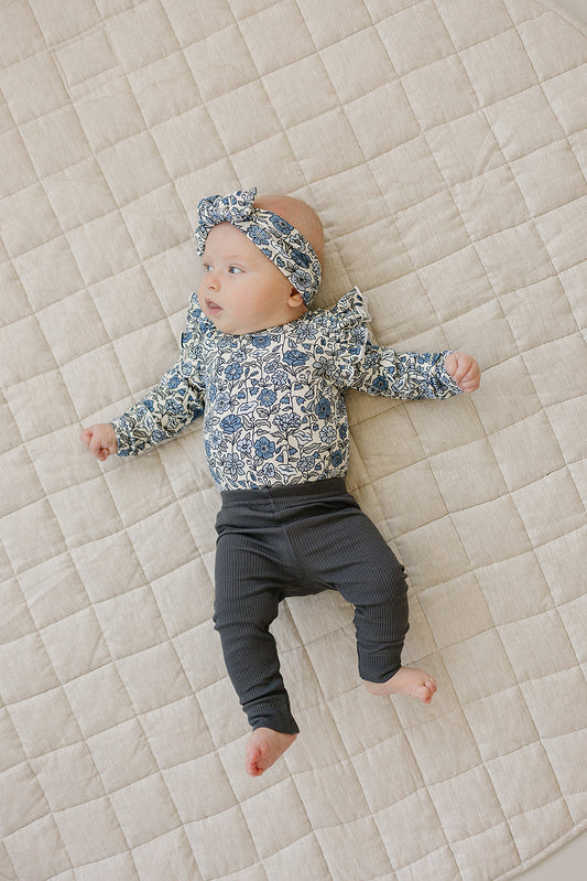 Mebie Baby Ruffle Sleeve Pointelle Bamboo Bodysuit in Bluebell