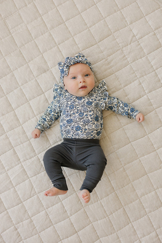 Mebie Baby Ruffle Sleeve Pointelle Bamboo Bodysuit in Bluebell