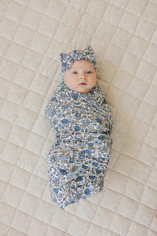 Mebie Baby Pointelle Bamboo Stretch Swaddle in Bluebell