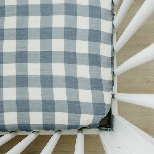 Mebie Baby Muslin Crib Sheet in Dusty Blue Gingham