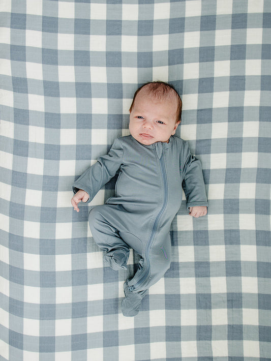 Mebie Baby Muslin Crib Sheet in Dusty Blue Gingham