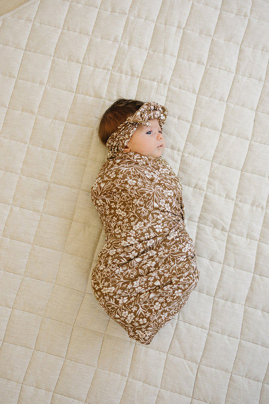 Mebie Baby Ribbed Bamboo Stretch Swaddle in Brown Floral