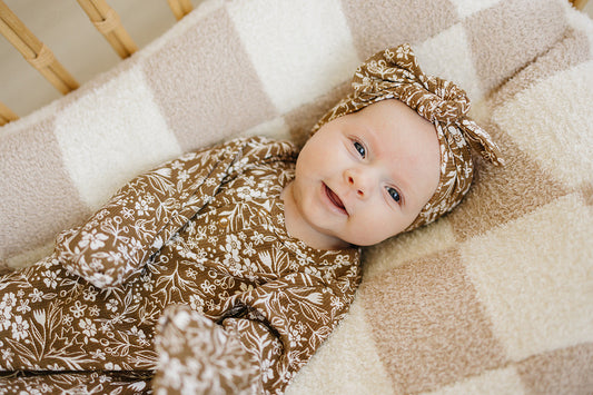 Mebie Baby Ribbed Bamboo Head Wrap in Brown Floral