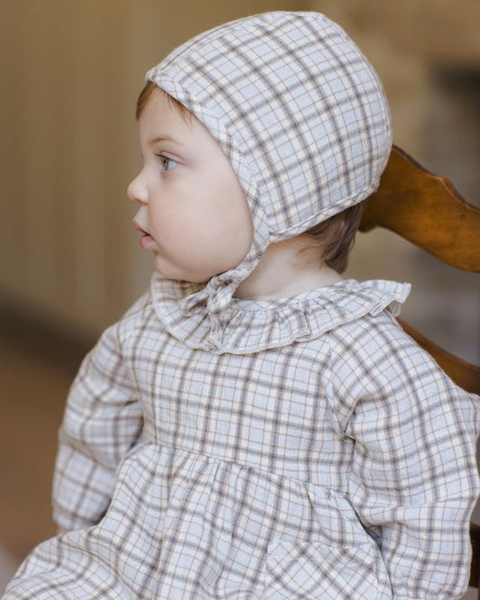 Quincy Mae Woven Baby Bonnet in Blue Plaid