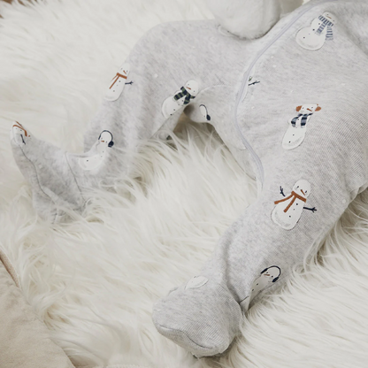 Petit Lem Footed Sleeper in Snowmen on Heather Grey