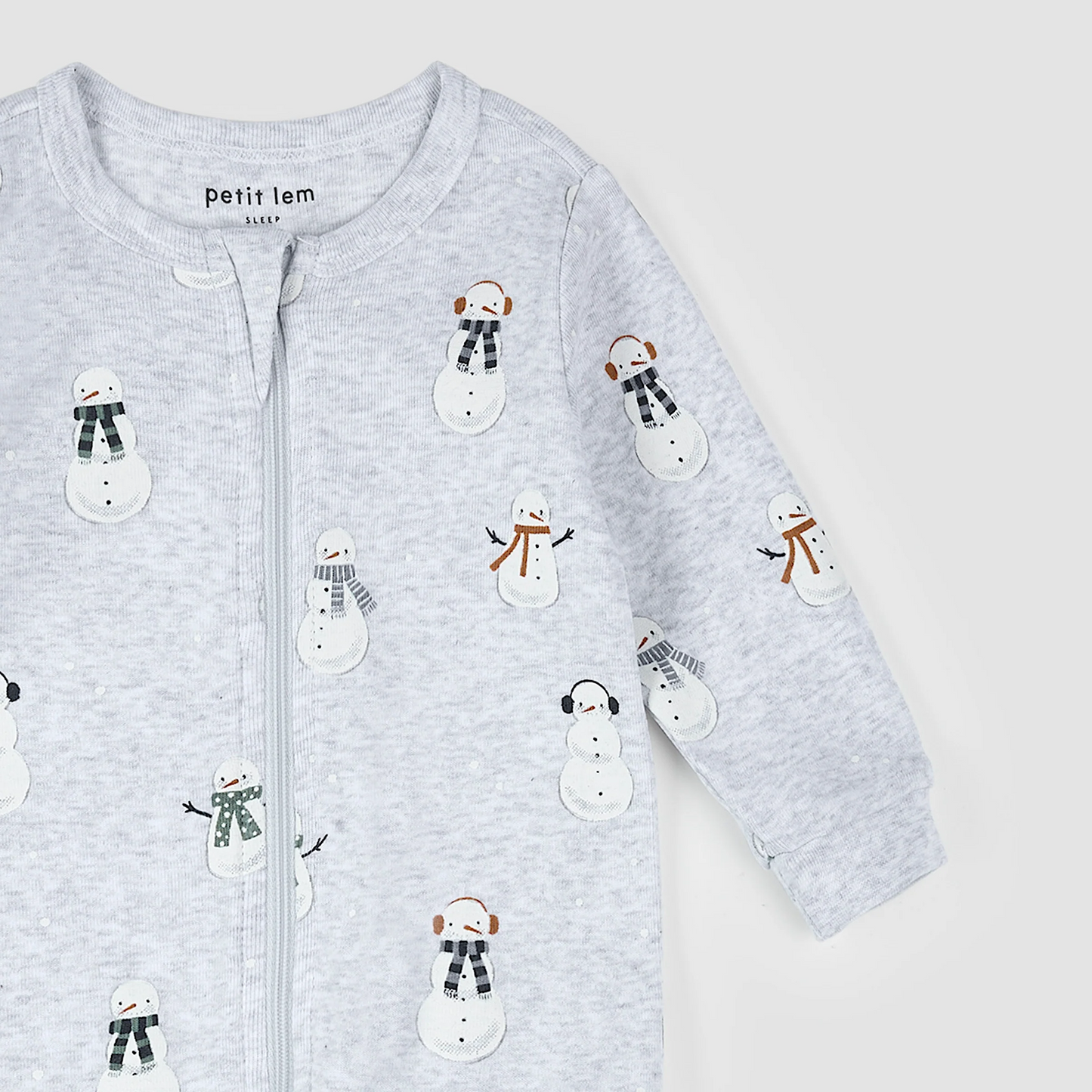 Petit Lem Footed Sleeper in Snowmen on Heather Grey