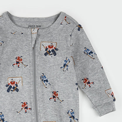 Petit Lem Footed Sleeper in Hockey Players on Heather Grey