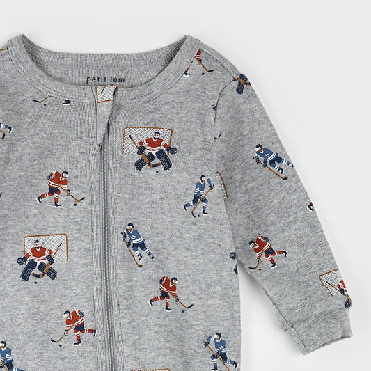 Petit Lem Footed Sleeper in Hockey Players on Heather Grey