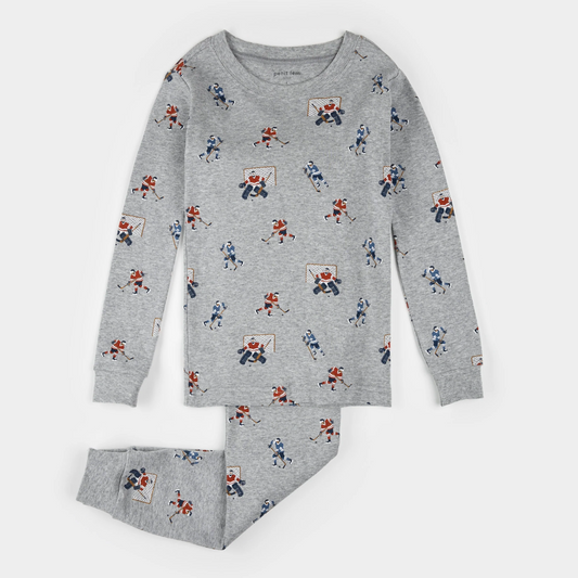 Petit Lem 2 Piece Pj Set in Hockey Players on Heather Grey