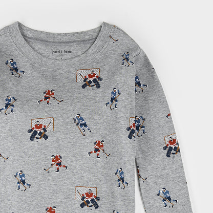 Petit Lem 2 Piece Pj Set in Hockey Players on Heather Grey