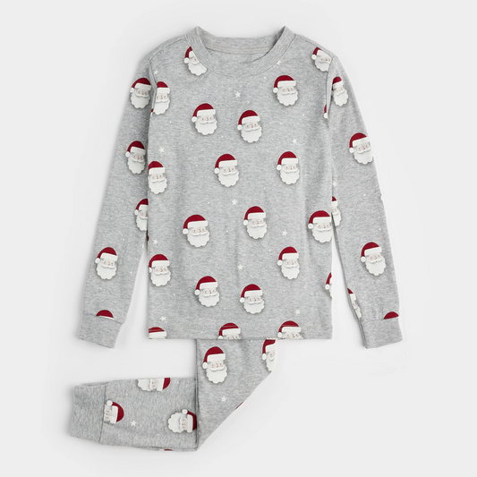 Petit Lem 2 Piece Pj Set in Santa Print on Heather Grey