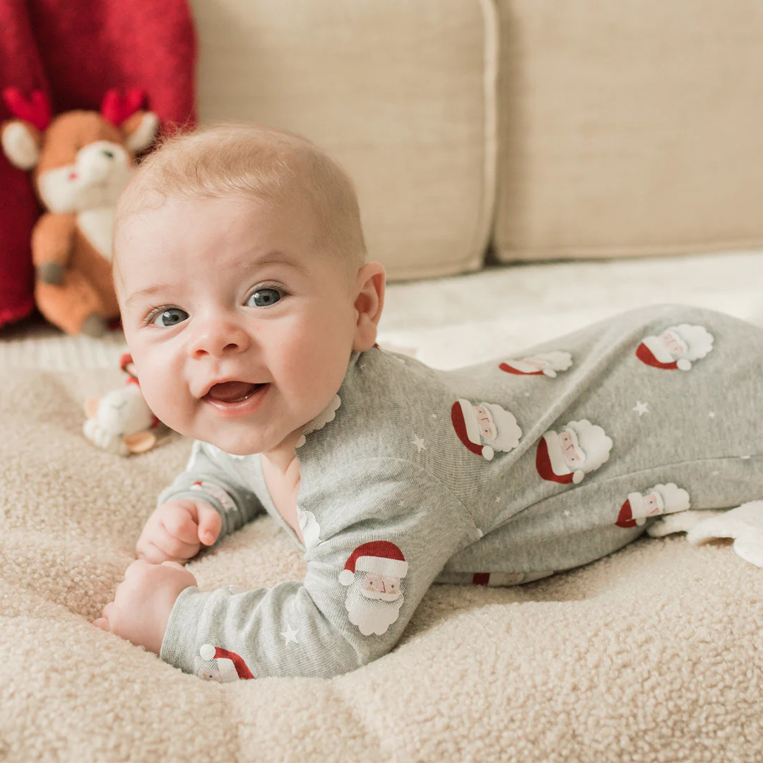 Petit Lem Footed Sleeper in Santa Print on Heather Grey