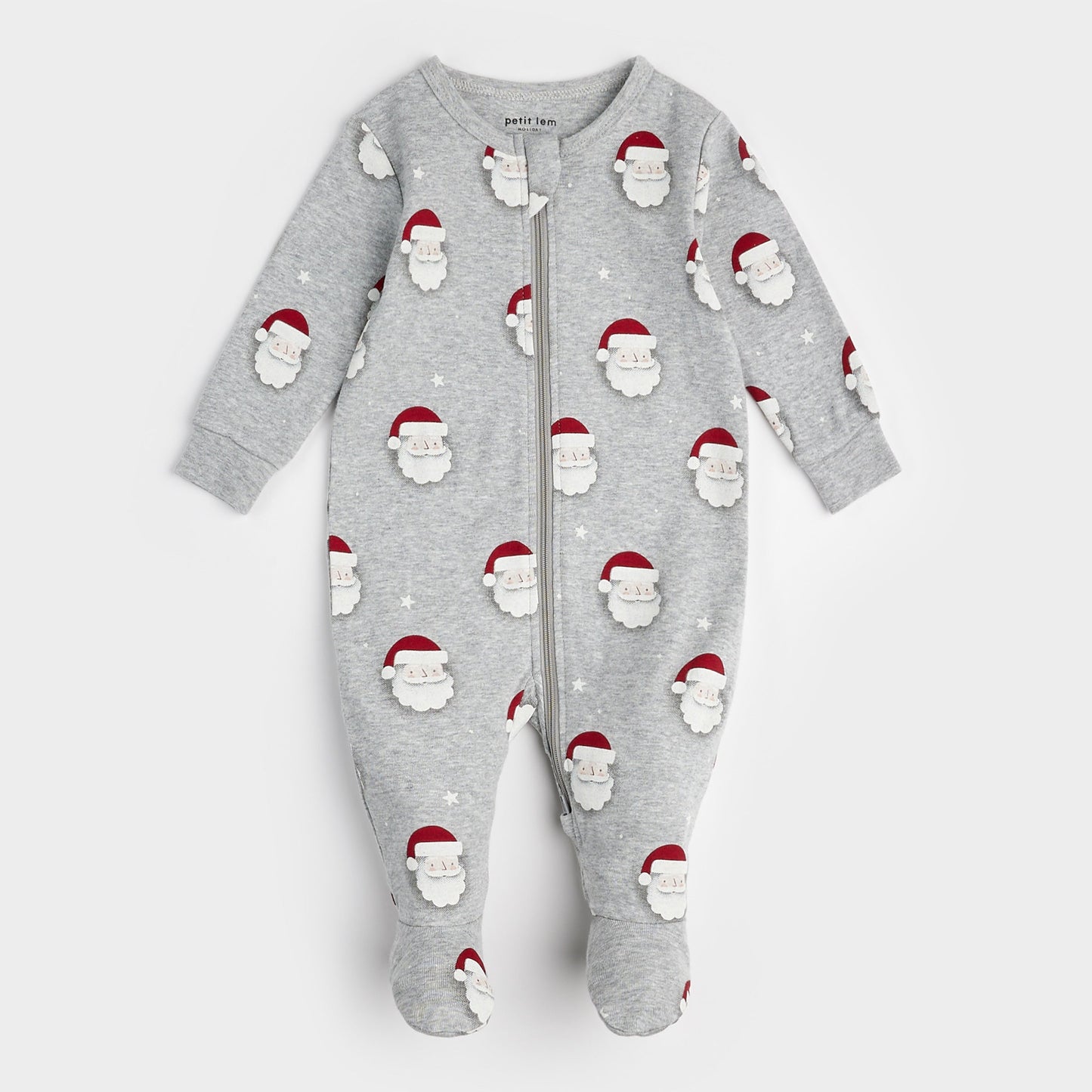 Petit Lem Footed Sleeper in Santa Print on Heather Grey