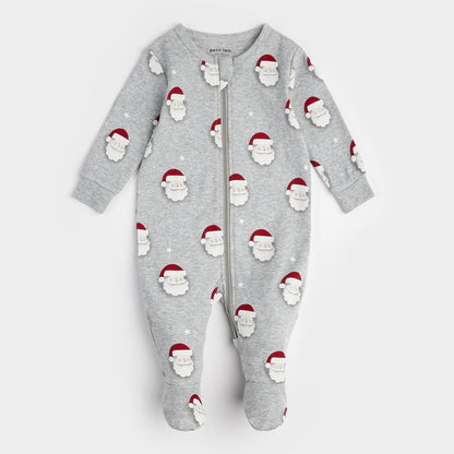 Petit Lem Footed Sleeper in Santa Print on Heather Grey