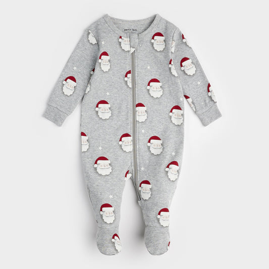 Petit Lem Footed Sleeper in Santa Print on Heather Grey