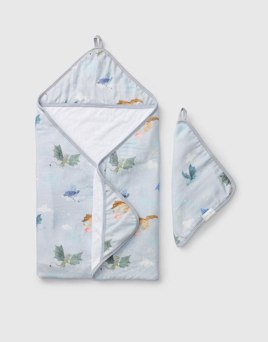 LouLou Lollipop Muslin Cotton Hooded Towel Set in Magical Dragons