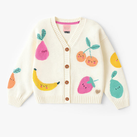 Souris Mini Cream Knit Cardigan with Fruit Print