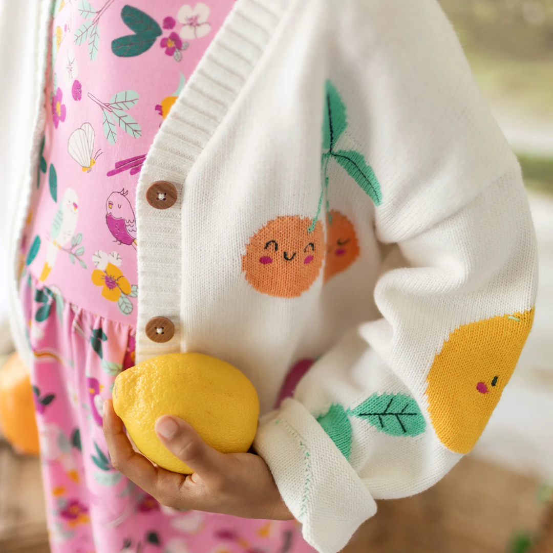 Souris Mini Cream Knit Cardigan with Fruit Print