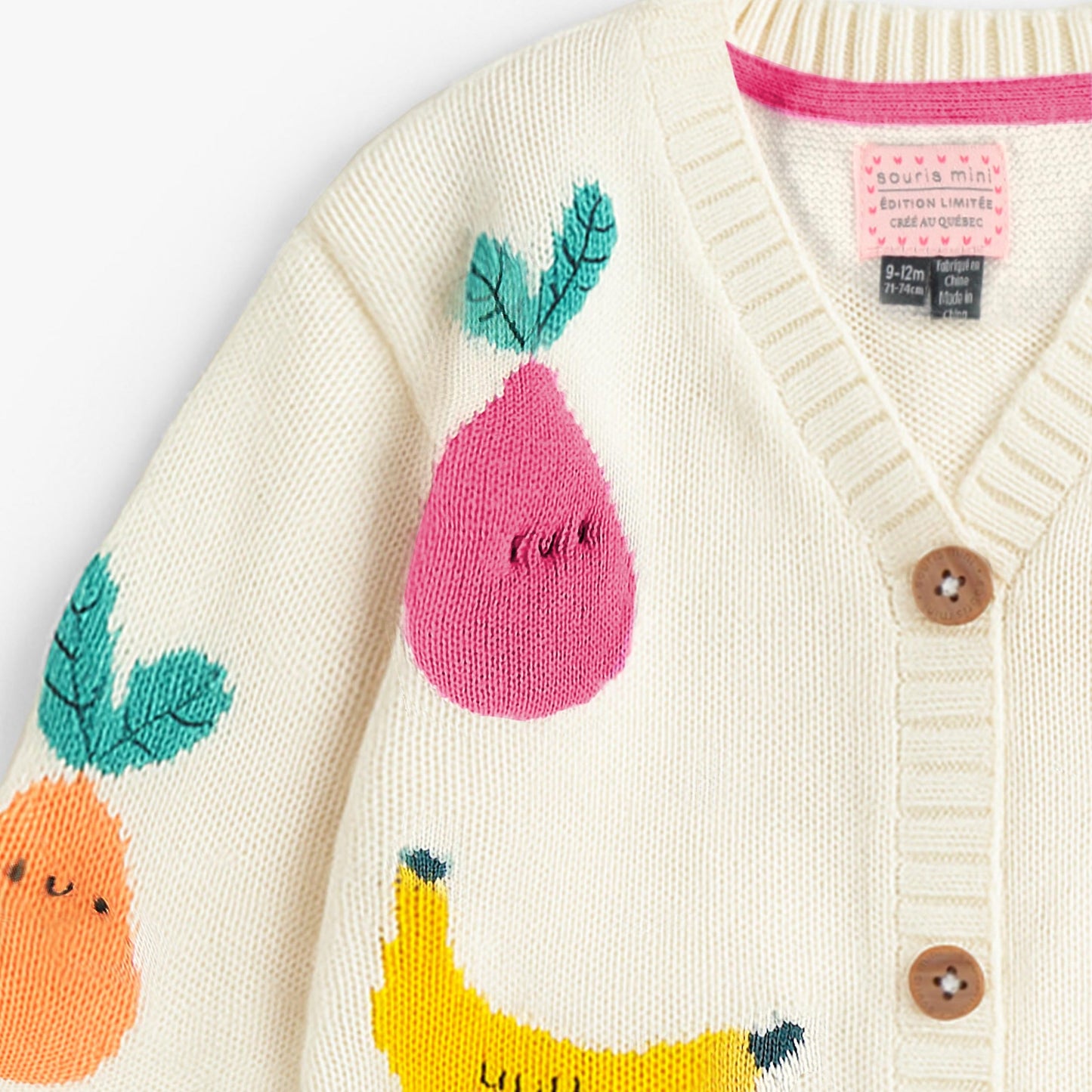 Souris Mini Cream Knit Cardigan with Fruit Print