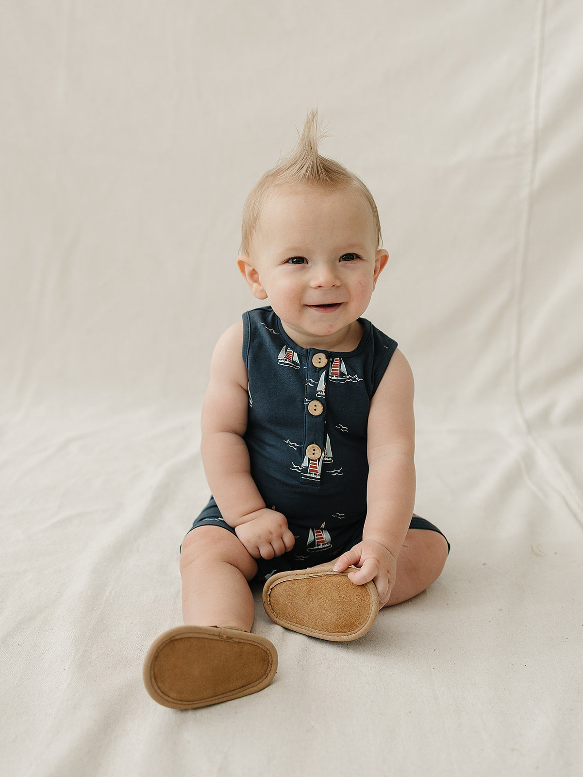 Mebie Baby Short Romper in Sailboat