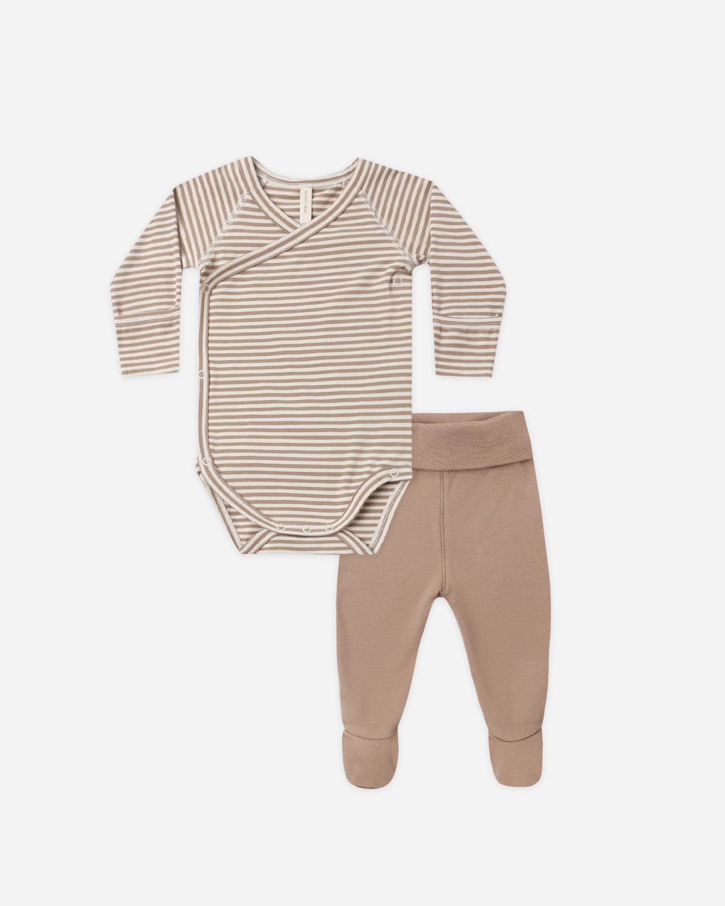 Quincy Mae Side Snap Bodysuit and Pant Set in Almond Stripe