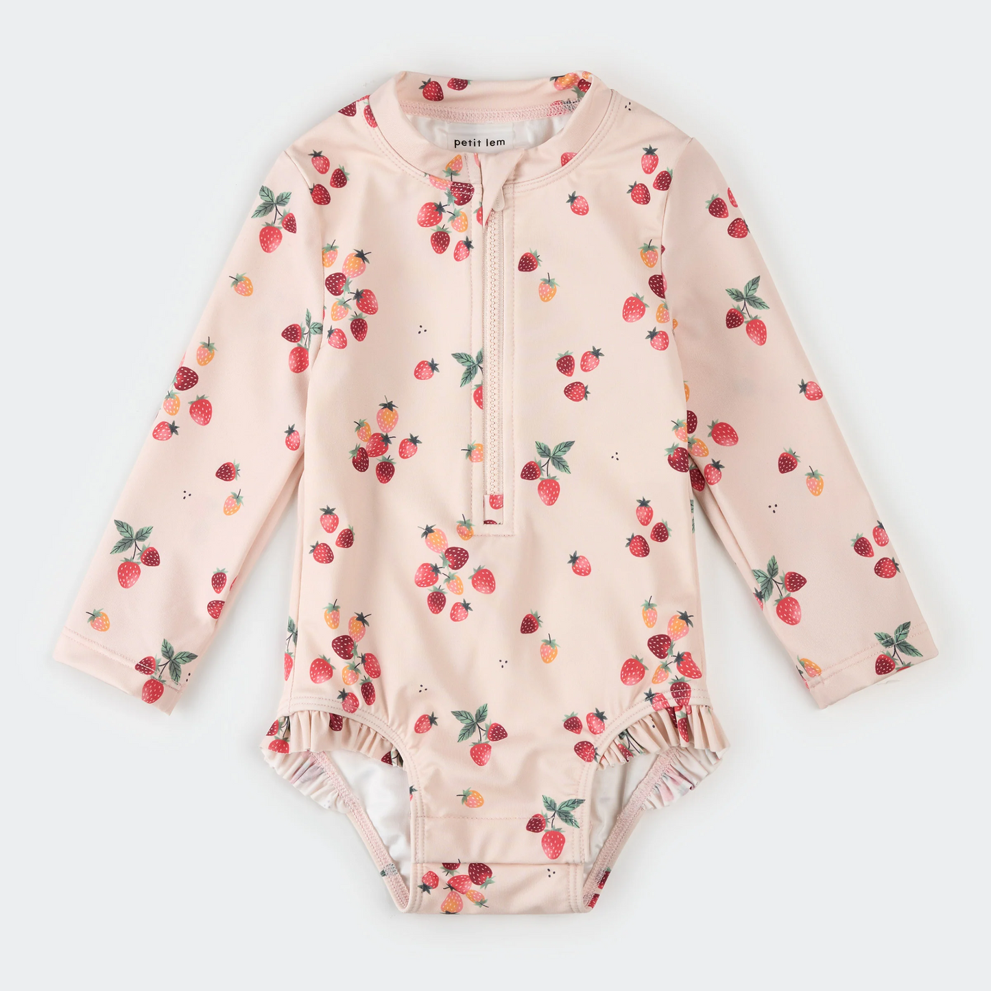 Petit Lem Long Sleeve One Piece Swimsuit in Strawberries on Light Pink