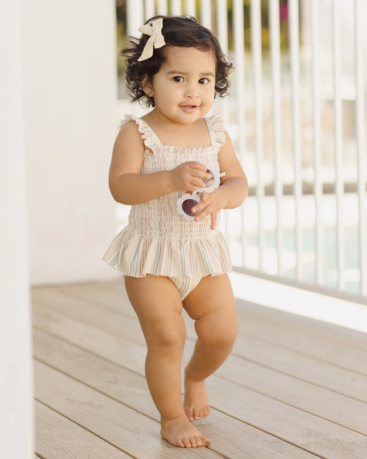 Quincy Mae Smocked One-Piece Swimsuit in Multi-Stripe