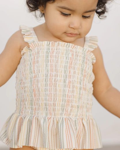 Quincy Mae Smocked One-Piece Swimsuit in Multi-Stripe