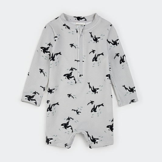 Petit Lem Swim Romper in Orcas on Grey