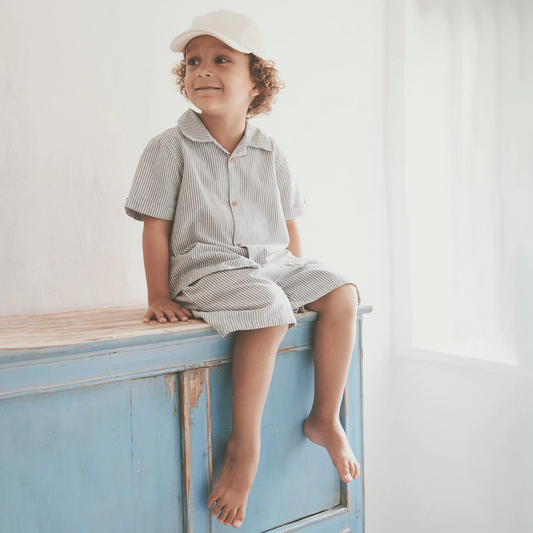 Huttelihut Muslin Collared Tee in Navy Striped