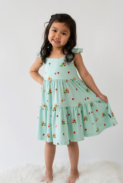 Belan J Ruffled Strap Tiered Dress in Strawberry Garden