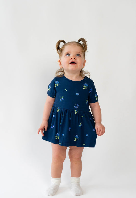 Belan J Bamboo Short Sleeve Skirted Onesie in Blueberries