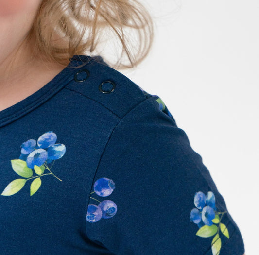Belan J Bamboo Short Sleeve Skirted Onesie in Blueberries