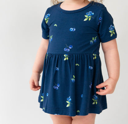 Belan J Bamboo Short Sleeve Skirted Onesie in Blueberries