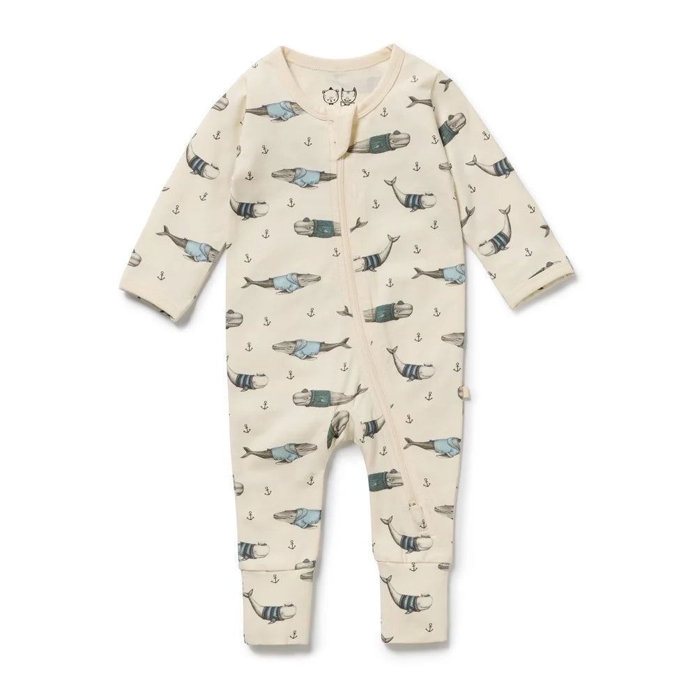Wilson & Frenchy Organic Zipsuit with Feet in Woolly Whales