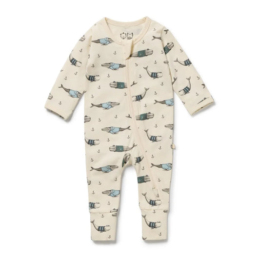 Wilson & Frenchy Organic Zipsuit with Feet in Woolly Whales