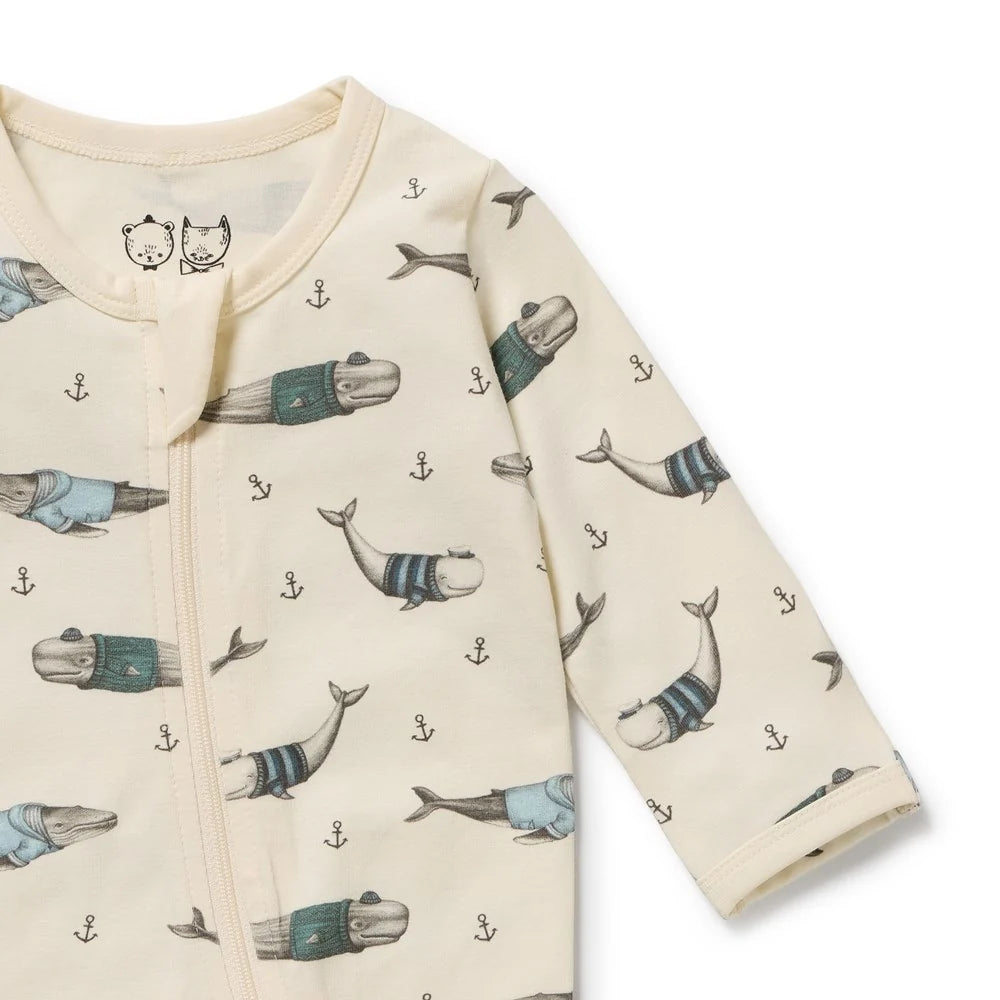 Wilson & Frenchy Organic Zipsuit with Feet in Woolly Whales