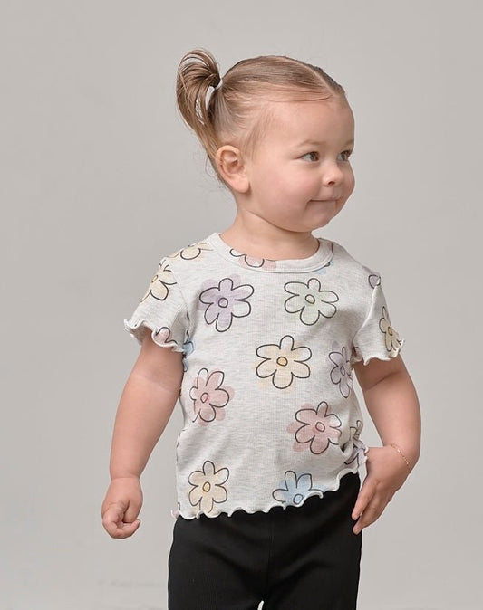Little Bipsy Ribbed Lettuce Trim Tee in Daisy Dreams