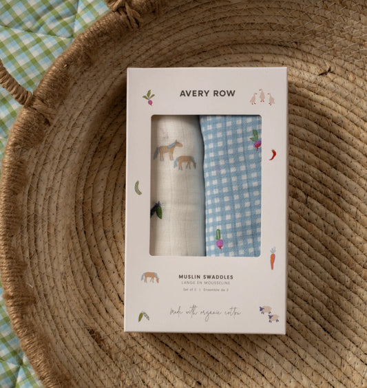 Avery Row Muslin Swaddle Set in Little Farm / Radish