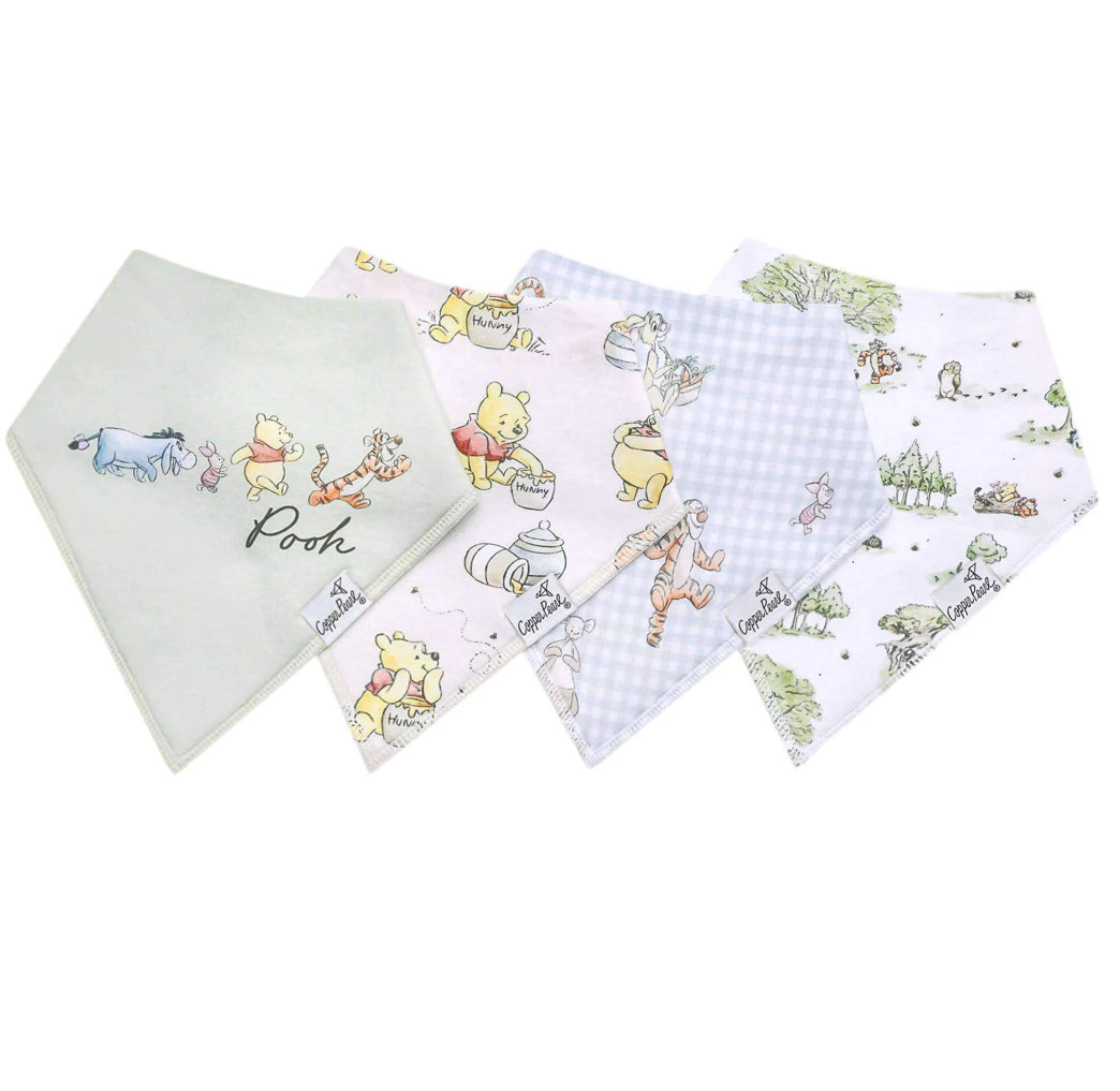 Copper Pearl 4 Pack Bandana Bibs in Hundred Acre Woods