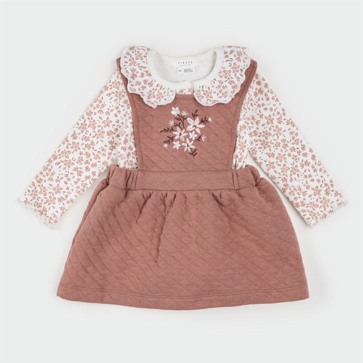 Petit Lem Floral Terracotta Quilted Overall Dress Set