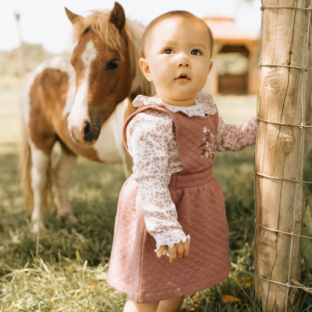 Petit Lem Floral Terracotta Quilted Overall Dress Set