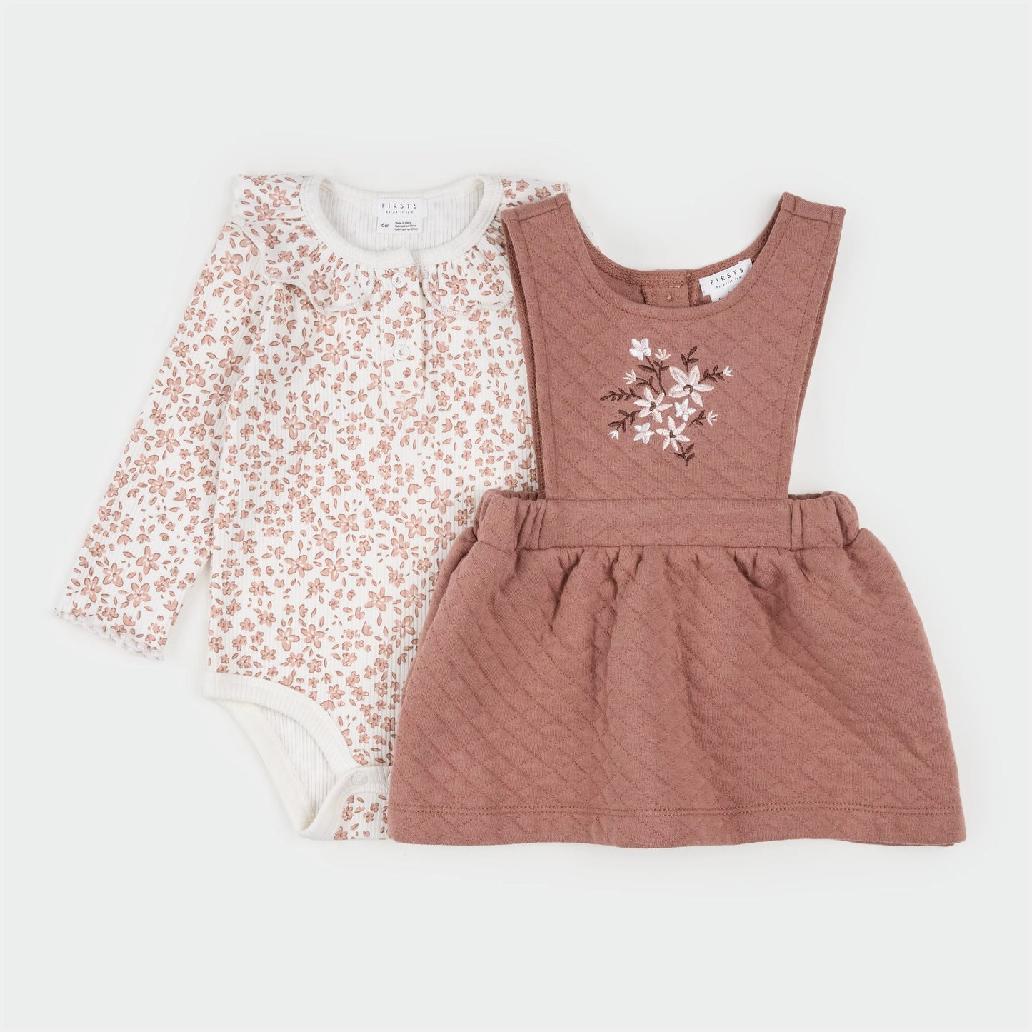 Petit Lem Floral Terracotta Quilted Overall Dress Set