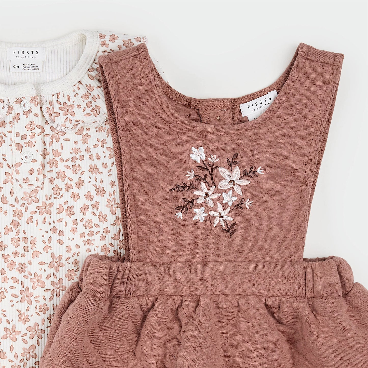 Petit Lem Floral Terracotta Quilted Overall Dress Set