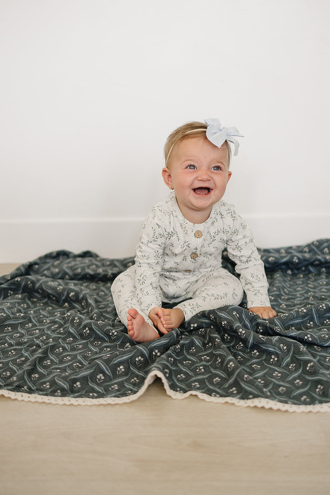 Mebie Baby Blue Vine Button Romper