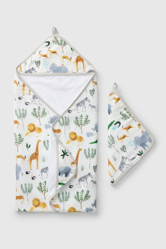 LouLou Lollipop Muslin Cotton Hooded Towel Set in Safari Jungle