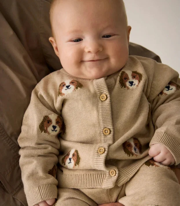 Minymo Beige Cardigan with Embroidered Dogs