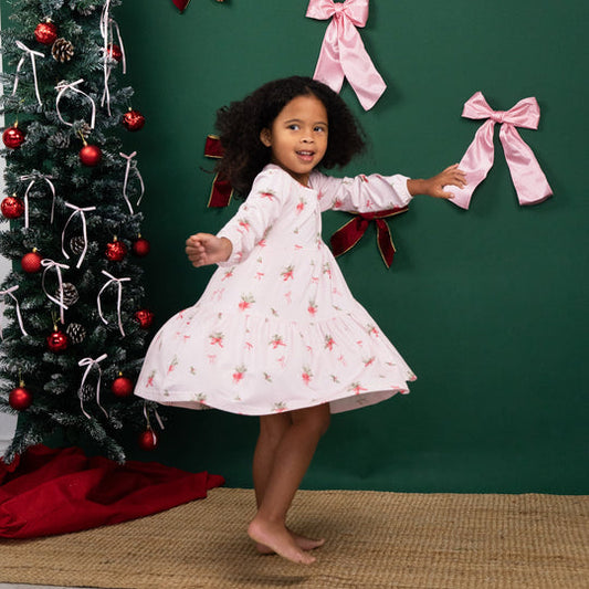 Belan J Long Sleeve Tiered Dress in Pink Bows