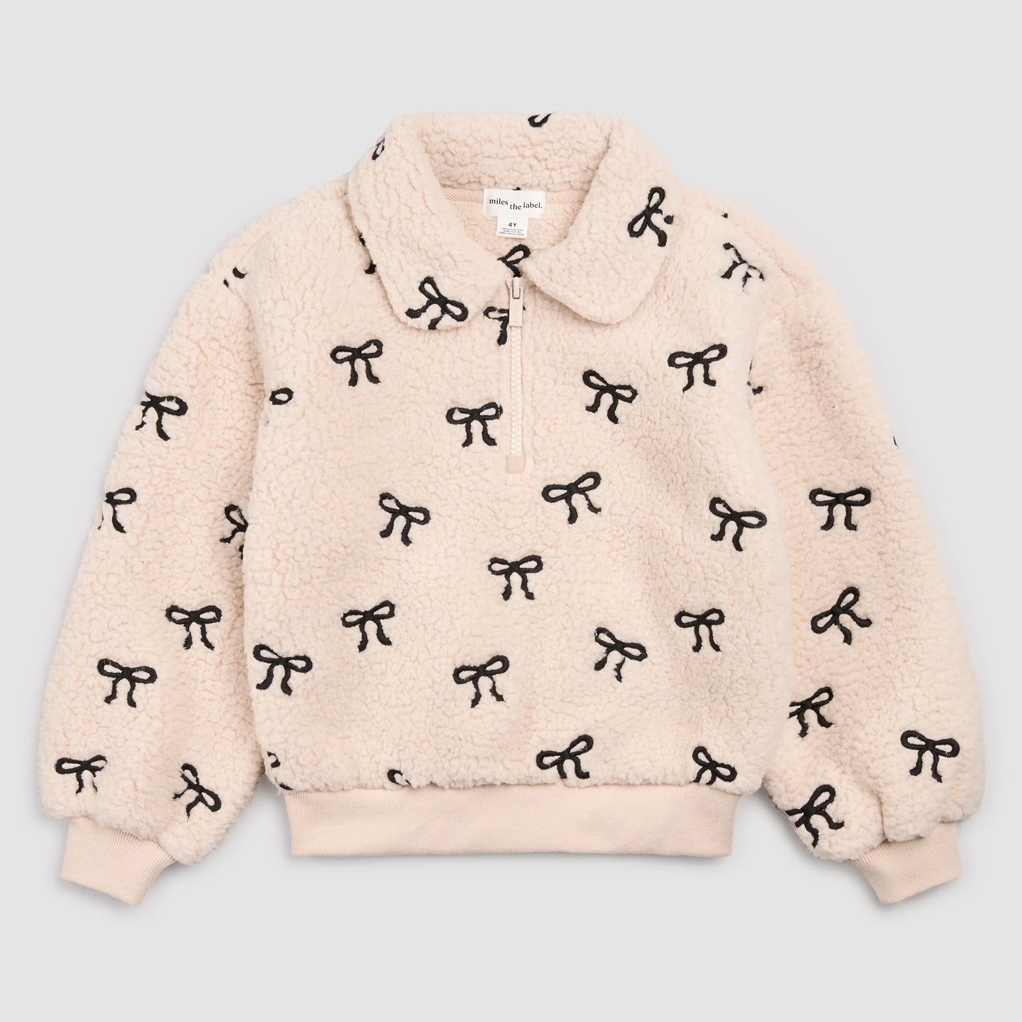 Miles the Label Half Zip Pullover in Beige Embroidered Bows