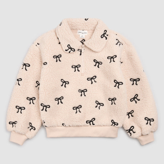 Miles the Label Half Zip Pullover in Beige Embroidered Bows